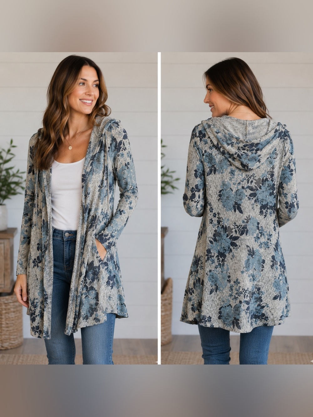 Freshman 1986 Gray Blue Floral Hooded Duster Size L Cottagecore Boho Romantic